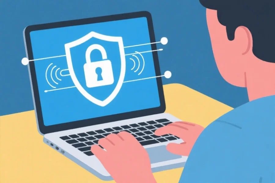 一张展示安全上网习惯的插画,用户在安全的网络环境下使用笔记本电脑,屏幕上有安全锁图标