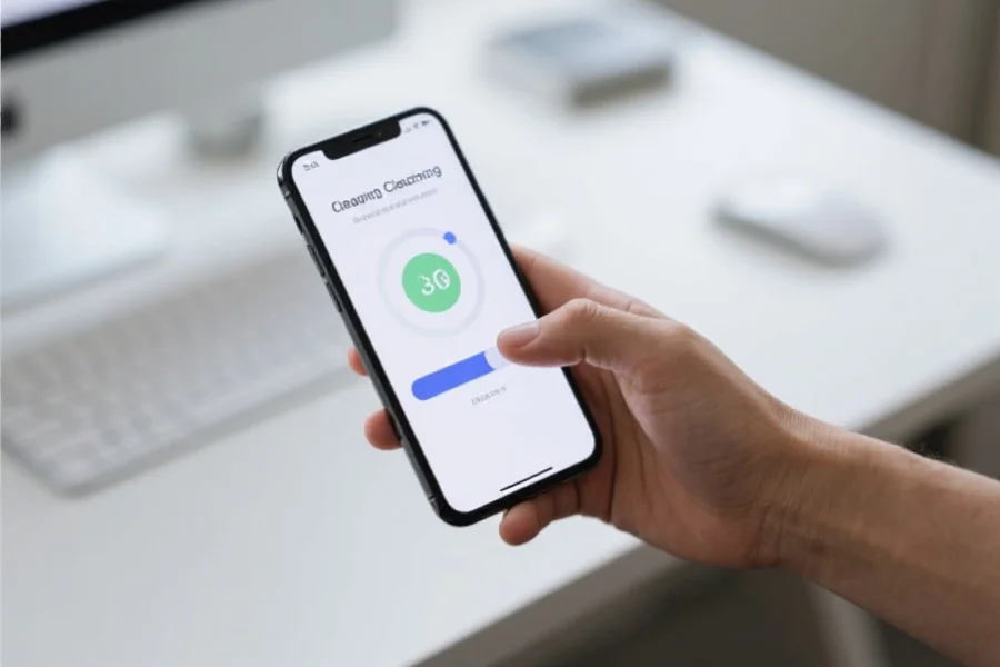 用户正在智能手机上清理应用缓存，手机界面显示清理进度条，背景为简洁工作桌面